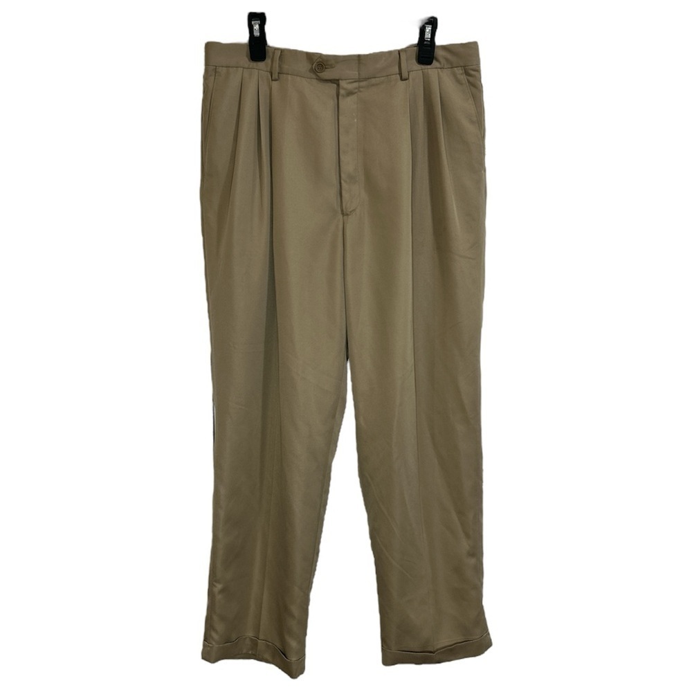 Bill Blass Men's Beige Pleated Pants Cuffed Microfiber Size 36x30